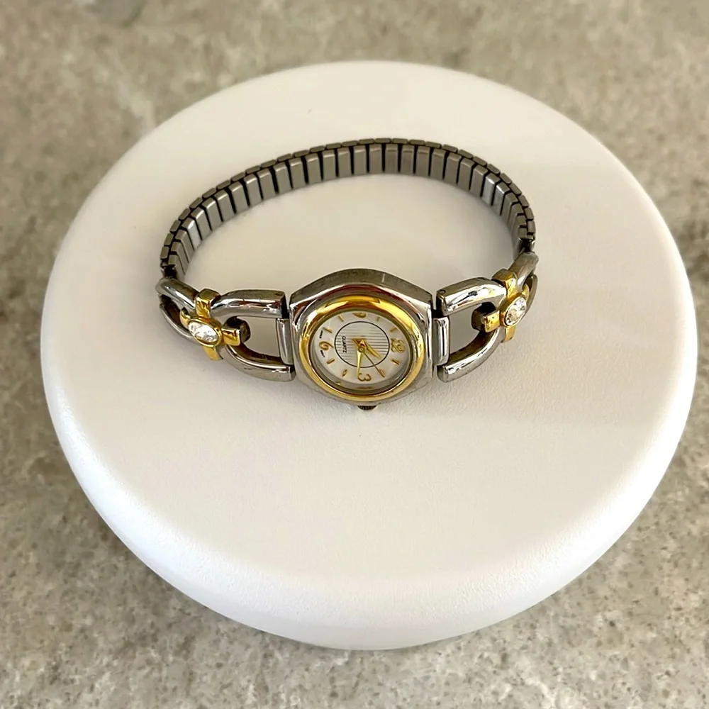 Avon Vintage Women's Quartz Watch Silver w/Gold Accents, Crystals, Stretch Band